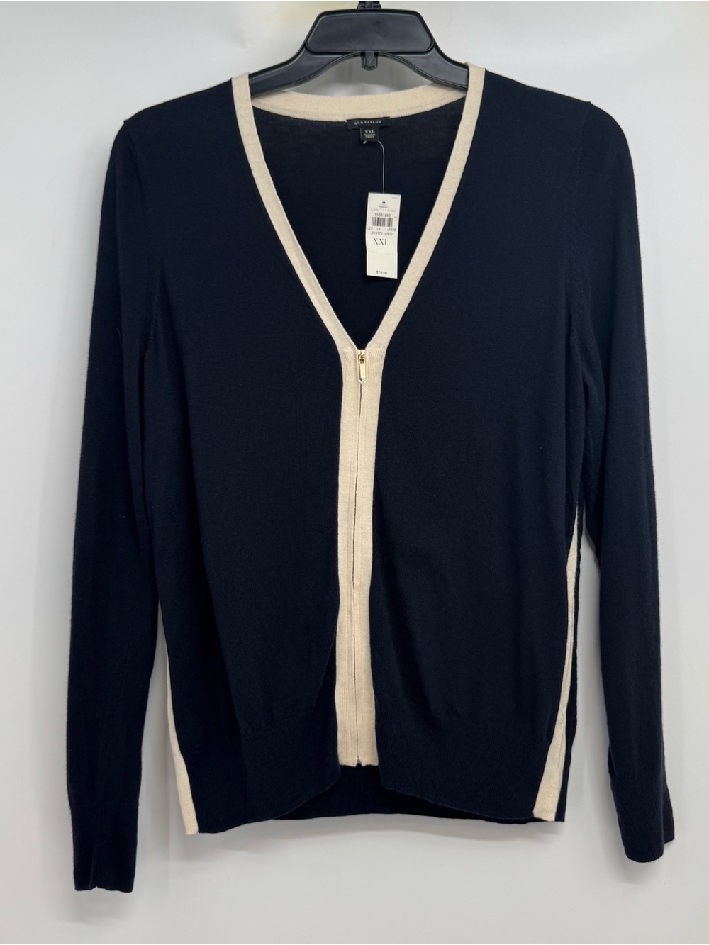 NWT ANN TAYLOR Women's Sz XXL Zip Cardigan Sweater Blue with Off White Trim
